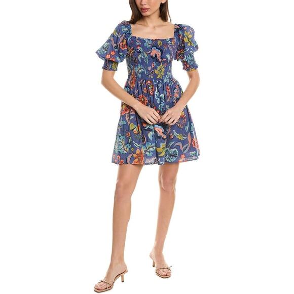 Velvet by Graham & Spencer Blue Floral Smocked  Mini Dress - Size L - Picture 1 of 13